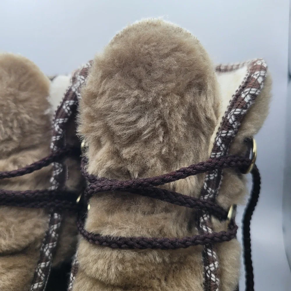 Yodeler Womens 8 Leather Boots Vintage USA Brown Faux Fur Trim Winter Snow Shoes
